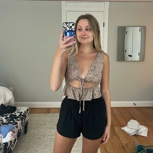 Tan Floral Front Tie Cut Out Tank Top